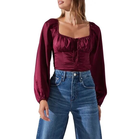 ASTR The Label Wine Red Milkmaid Balloon Sleeve Top Size M NWT - Picture 3 of 14